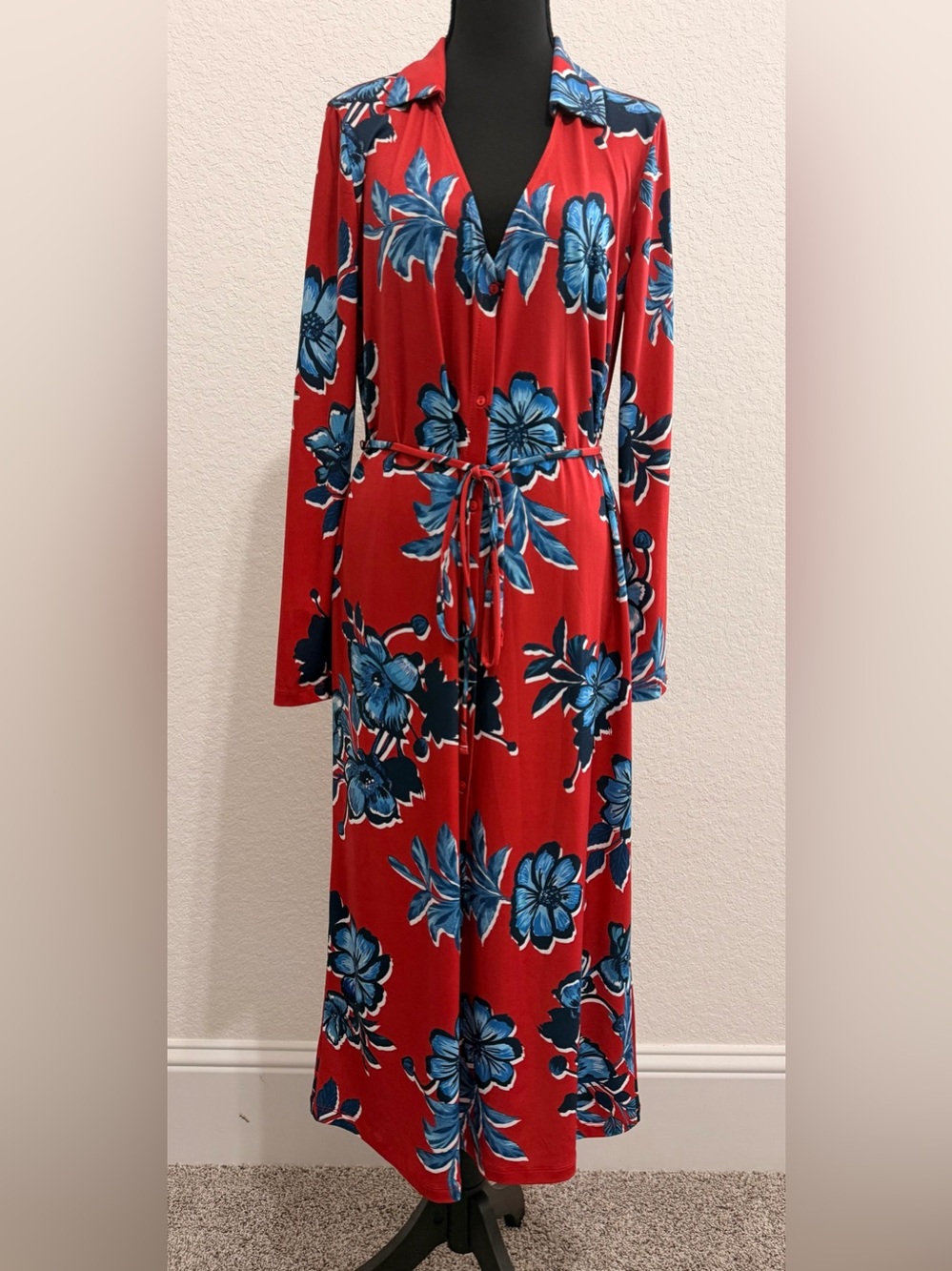 Zara NWT Red Blue Floral Midi Shirt Dress | Long Sleeve Belted Button Down Dress